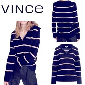 Vince Johnny-Collar Stripe Wool-Cashmere Sweater Slouchy Knit Navy/Tan SZ Small